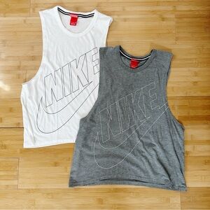 Nike White & Gray Sleeveless Cropped Muscle Tops